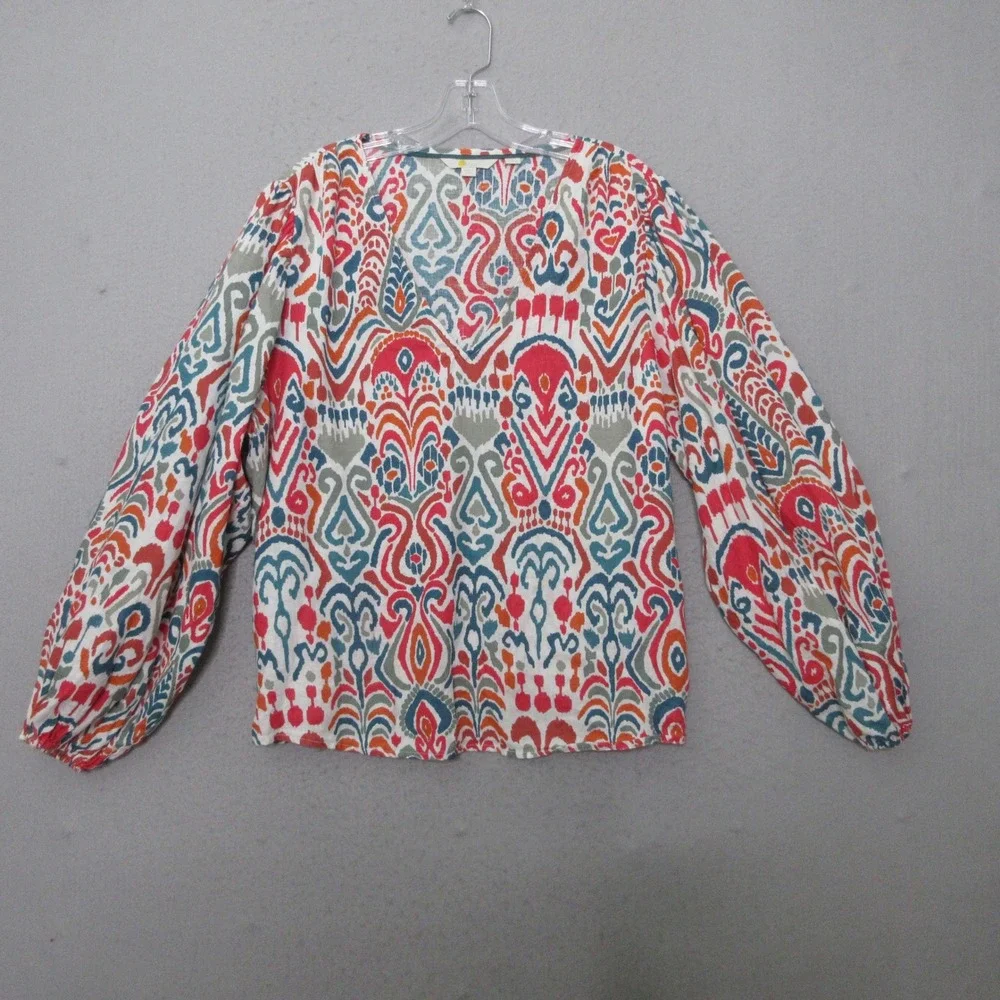 Boden Top Ikat Linen Balloon Puff Sleeve Boho Colorful Boho Coastal Peasant
